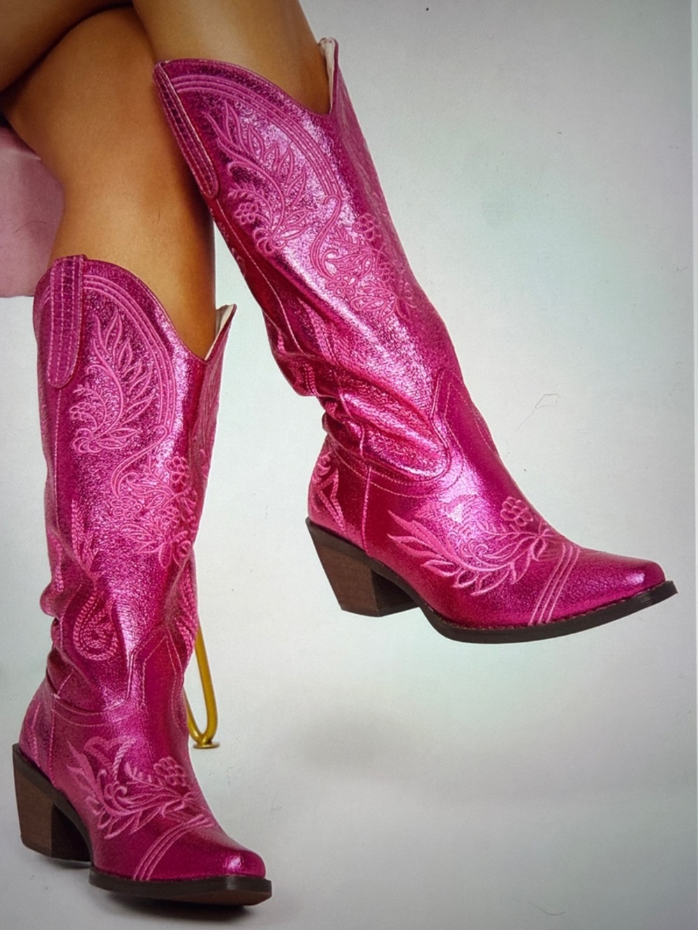 Fashionnova Women's Pink Metallic Western Knee-High Boots size 8.5